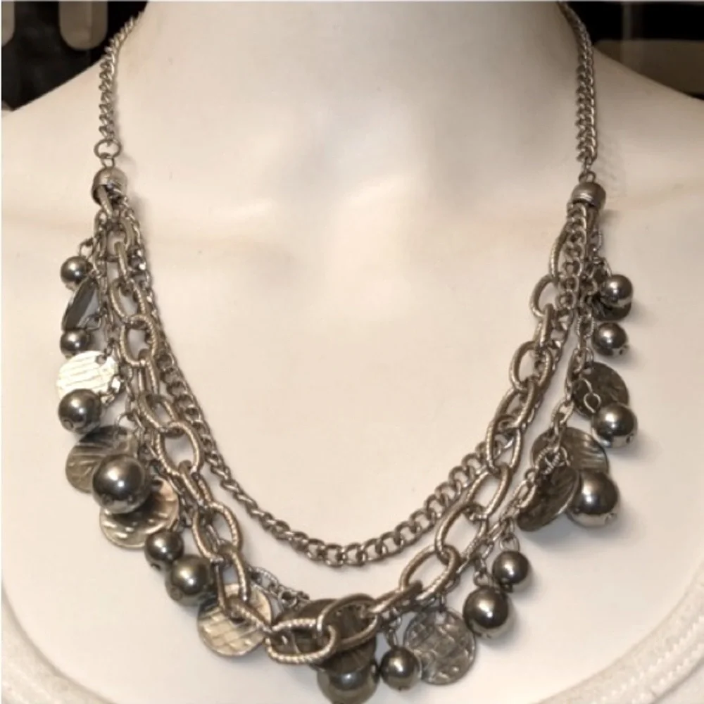 Silver Rocker Rebel Edgy Layered Bead Discs Coins Textured Chain Necklace